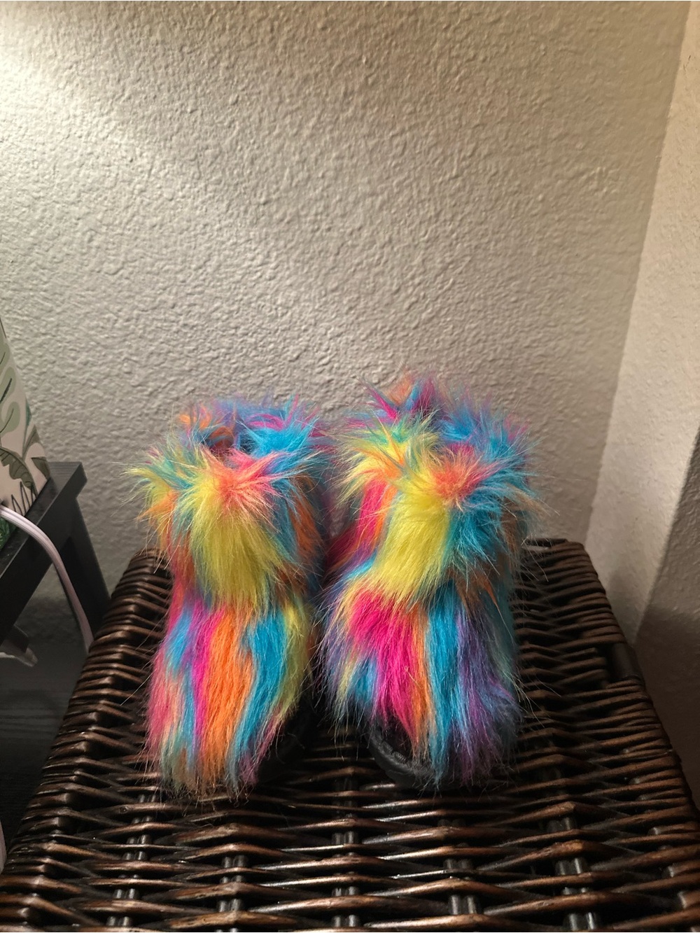 Kids Multicolor Rainbow Faux Fur Slip-On Slippers